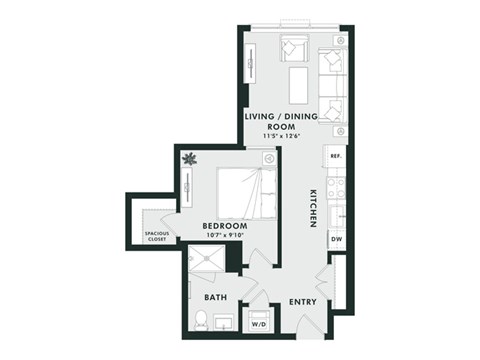 A floor plan of a house with a living/dining room, kitchen, bedroom, bathroom, and entry.